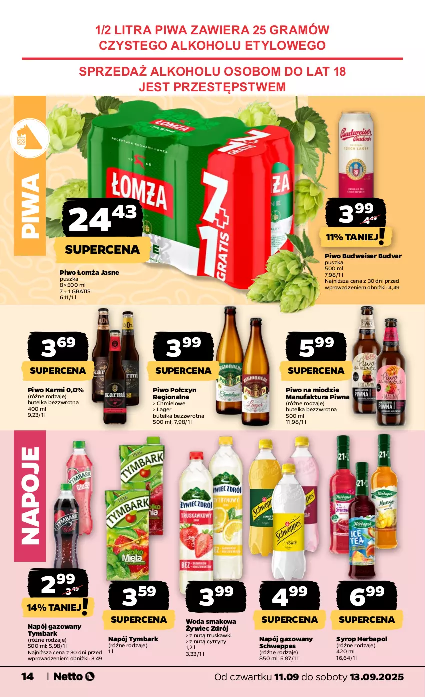 Gazetka promocyjna Netto - Od Czwartku - ważna 11.09 do 13.09.2025 - strona 14 - produkty: Cytryny, Fa, Gra, Herbapol, Karmi, Napój, Napój gazowany, Napoje, Piwa, Piwo, Schweppes, Ser, Syrop, Truskawki, Tymbark, Woda