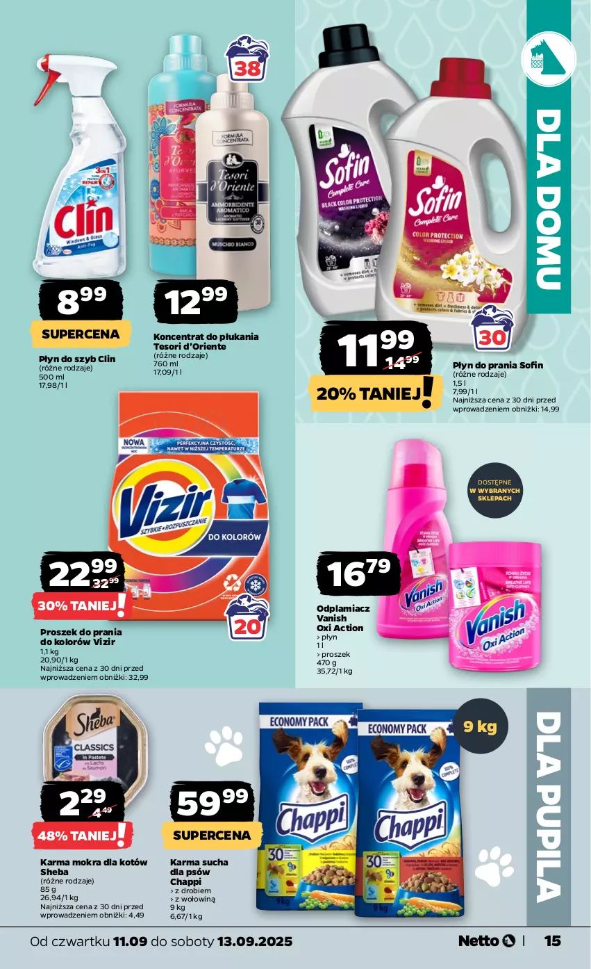 Gazetka promocyjna Netto - Od Czwartku - ważna 11.09 do 13.09.2025 - strona 15 - produkty: Chappi, Clin, Karma mokra dla kotów, Odplamiacz, Płyn do prania, Płyn do szyb, Proszek do prania, Sheba, Vanish, Vizir