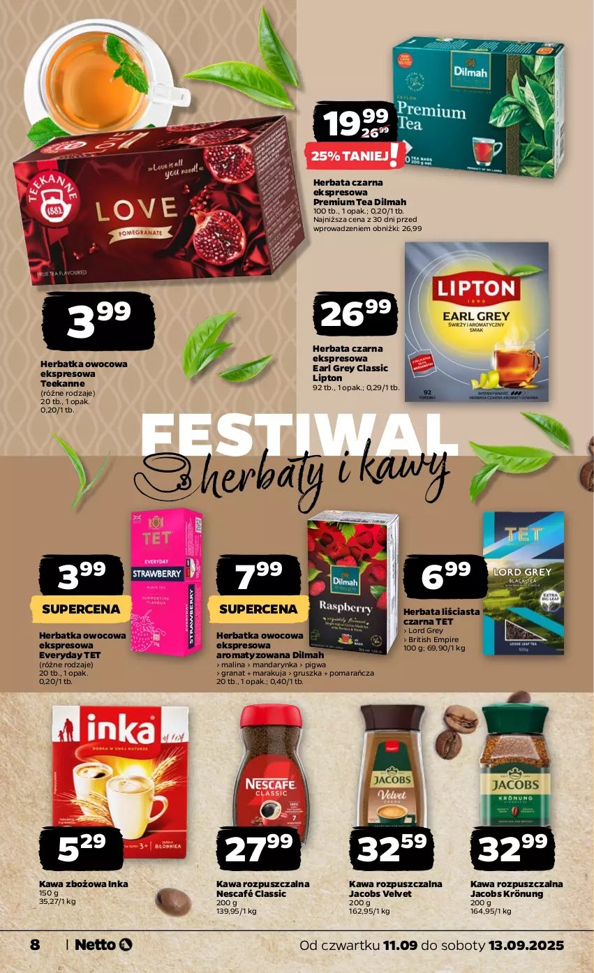Gazetka promocyjna Netto - Od Czwartku - ważna 11.09 do 13.09.2025 - strona 8 - produkty: Brit, Dilmah, Earl Grey, Gra, Granat, Herbata, Herbata czarna, Inka, Jacobs, Jacobs Krönung, Jacobs Velvet, Kawa, Kawa rozpuszczalna, Kawa zbożowa, Lipton, Nescafé, Teekanne, Velvet