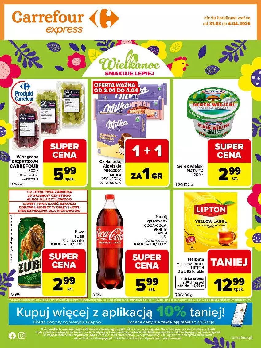 Gazetka promocyjna Carrefour - Gazetka Express - ważna 31.03 do 04.04.2026 - strona 1 - produkty: Coca-Cola, Czekolada, Fa, Fanta, Gra, Miecz, Milka, Napój, Piątnica, Piwa, Ser, Serek, Serek wiejski, Sprite, Wino, Winogrona