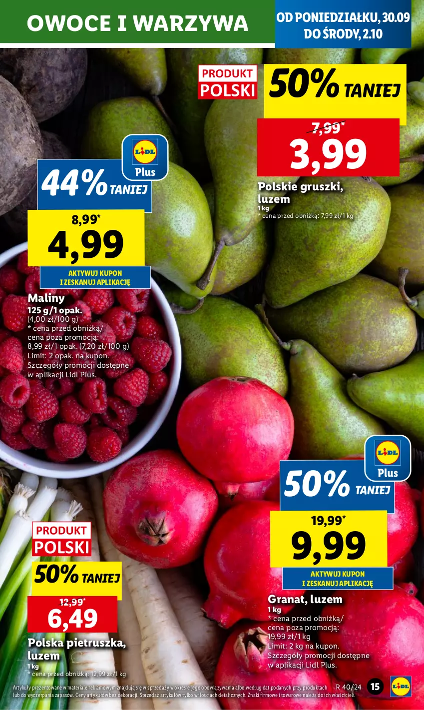 Gazetka promocyjna Lidl - GAZETKA - ważna 30.09 do 02.10.2024 - strona 19 - produkty: Gra, Granat, Gruszki, Maliny, Owoce, Pietruszka, Warzywa