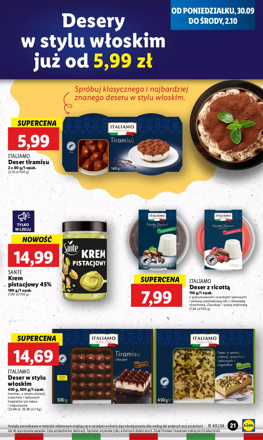 Gazetka promocyjna Lidl - GAZETKA - ważna 30.09 do 02.10.2024 - strona 25 - produkty: Deser, Gra, Kakao, Krem pistacjowy, Mascarpone, Sante, Ser