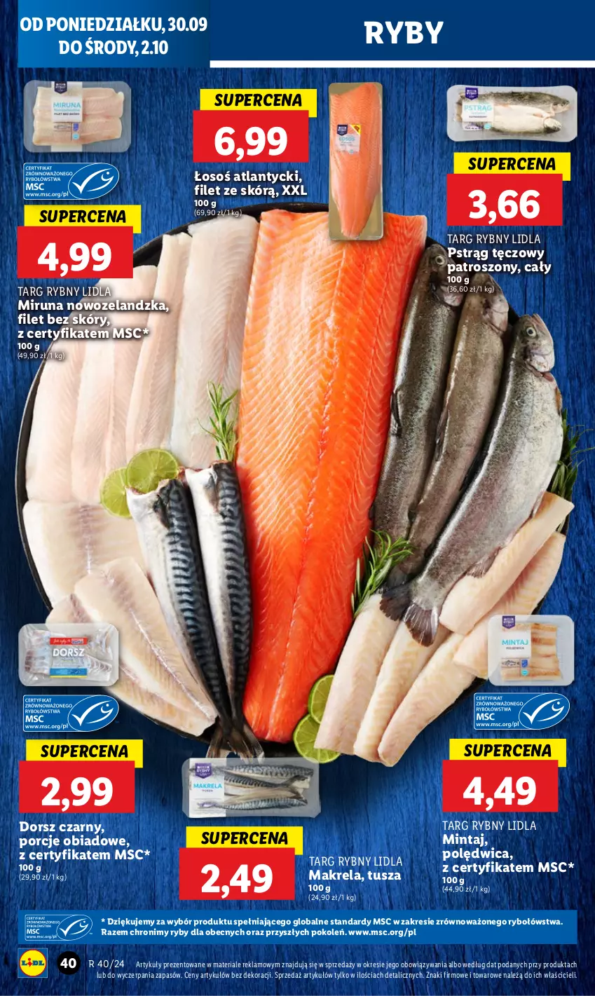 Gazetka promocyjna Lidl - GAZETKA - ważna 30.09 do 02.10.2024 - strona 44 - produkty: Dorsz, Mintaj, Miruna, Polędwica, Por, Pstrąg, Pstrąg tęczowy, Tusz