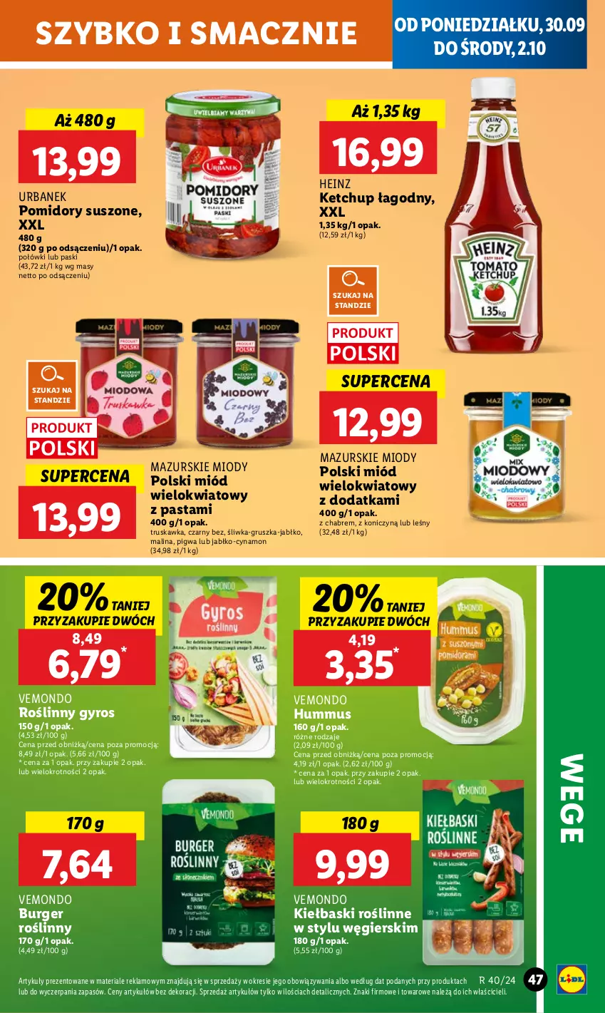 Gazetka promocyjna Lidl - GAZETKA - ważna 30.09 do 02.10.2024 - strona 45 - produkty: Burger, Gyros, Heinz, Hummus, Ketchup, Miód, Mus, Pomidory, Roślinny gyros