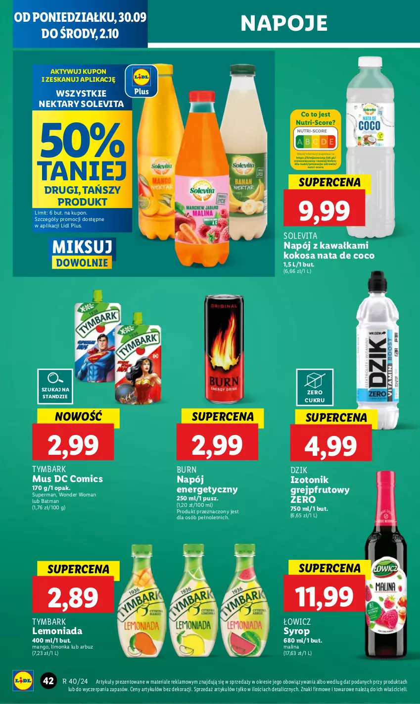 Gazetka promocyjna Lidl - GAZETKA - ważna 30.09 do 02.10.2024 - strona 48 - produkty: Arbuz, Grejpfrut, Kawa, Kokos, Lemoniada, Limonka, Mango, Mus, Napój, Napój energetyczny, Napoje, Nektar, Syrop, Tonik, Tymbark