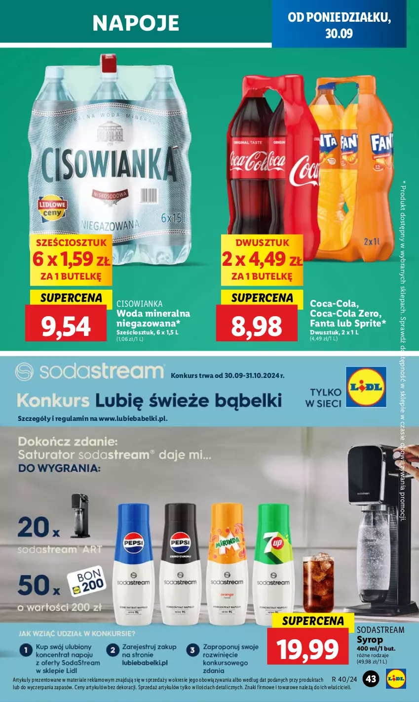 Gazetka promocyjna Lidl - GAZETKA - ważna 30.09 do 02.10.2024 - strona 49 - produkty: Cisowianka, Coca-Cola, Fa, Fanta, Napoje, Sprite, Syrop, Woda, Woda mineralna