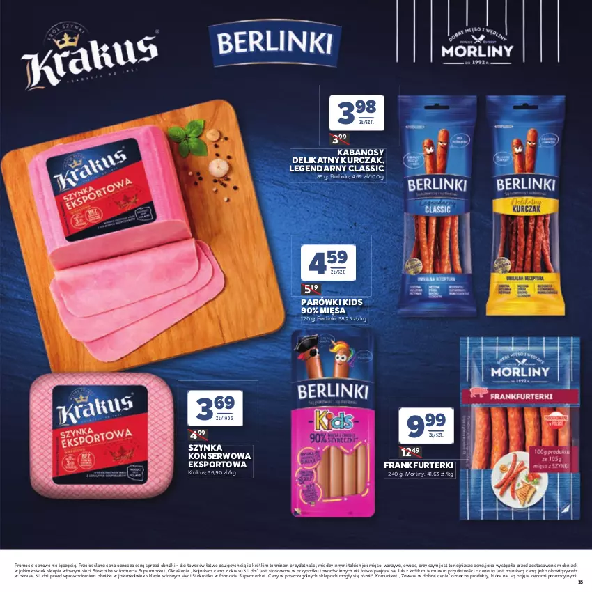 Gazetka promocyjna Stokrotka - Katalog Dzień Matki i Dziecka! - ważna 21.05 do 01.06.2026 - strona 35 - produkty: Berlinki, Frankfurterki, Kabanos, Krakus, Kurczak, Mięso, Morliny, Owoce, Parówki, Por, Ser, Sport, Szynka, Szynka konserwowa, Warzywa