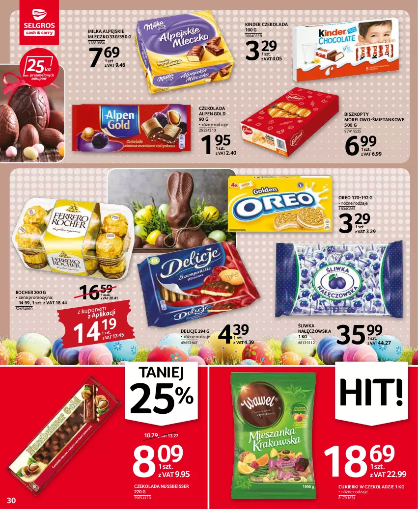 Gazetka promocyjna Selgros - Oferta spożywcza - ważna 07.04 do 16.04.2022 - strona 30 - produkty: Biszkopty, Cukier, Cukierki, Czekolada, Delicje, Kinder, Milka, Mleczko, Oreo, Ser