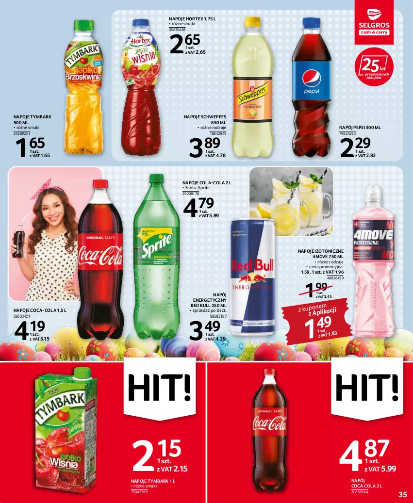 Gazetka promocyjna Selgros - Oferta spożywcza - ważna 07.04 do 16.04.2022 - strona 35 - produkty: Coca-Cola, Fa, Fanta, Hortex, Napój, Napój energetyczny, Napoje, Pepsi, Red Bull, Schweppes, Sprite, Tymbark