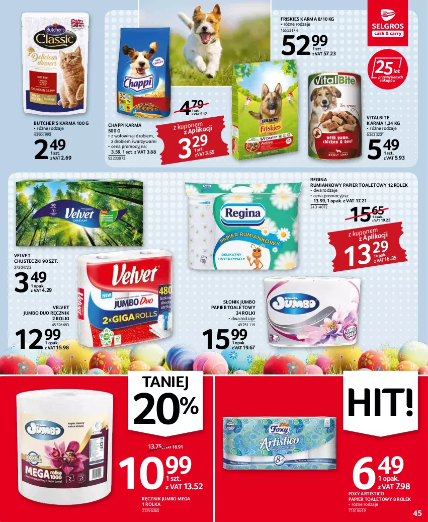 Gazetka promocyjna Selgros - Oferta spożywcza - ważna 07.04 do 16.04.2022 - strona 45 - produkty: Chappi, Chusteczki, Foxy, Friskies, Gin, Papier, Papier toaletowy, Ręcznik, Rolki, Rum, Velvet, Warzywa