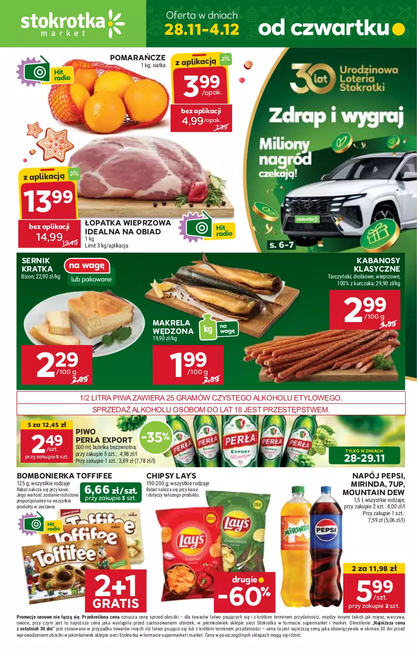 Gazetka promocyjna Stokrotka - Market - ważna 28.11 do 04.12.2024 - strona 1 - produkty: 7up, Chipsy, Gra, HP, Kabanos, Lay’s, Mirinda, Napój, Pepsi, Perła, Piwa, Piwo, Pomarańcze, Por, Ser, Toffifee