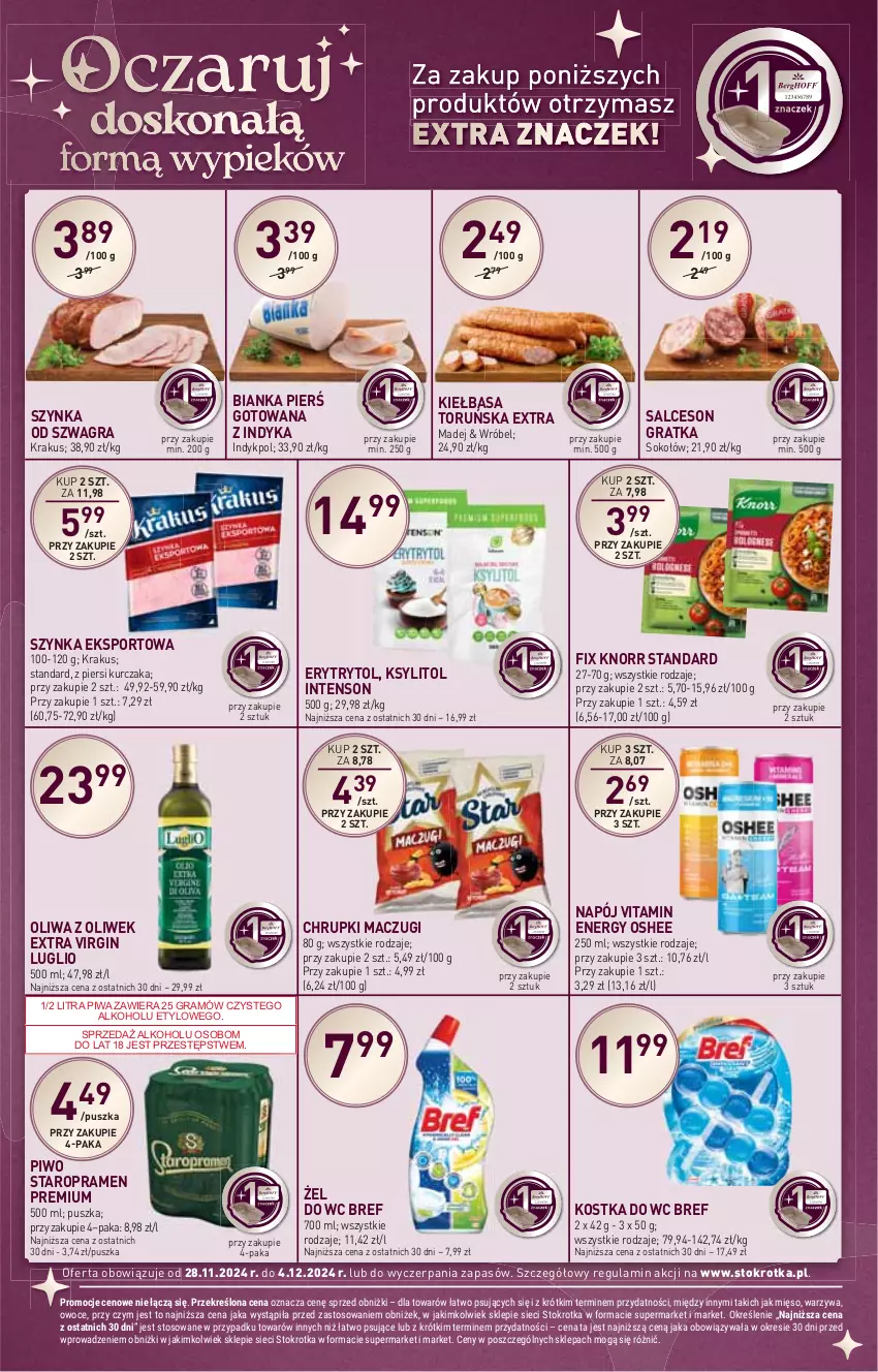 Gazetka promocyjna Stokrotka - Market - ważna 28.11 do 04.12.2024 - strona 27 - produkty: Bianka, Bref, Chrupki, Gin, Gra, HP, Kiełbasa, Knorr, Kostka do wc, Krakus, Ksylitol, Kurczak, Napój, Oliwa, Oliwa z oliwek, Oshee, Piwa, Piwo, Por, Salceson, Sok, Sokołów, Sport, Szynka