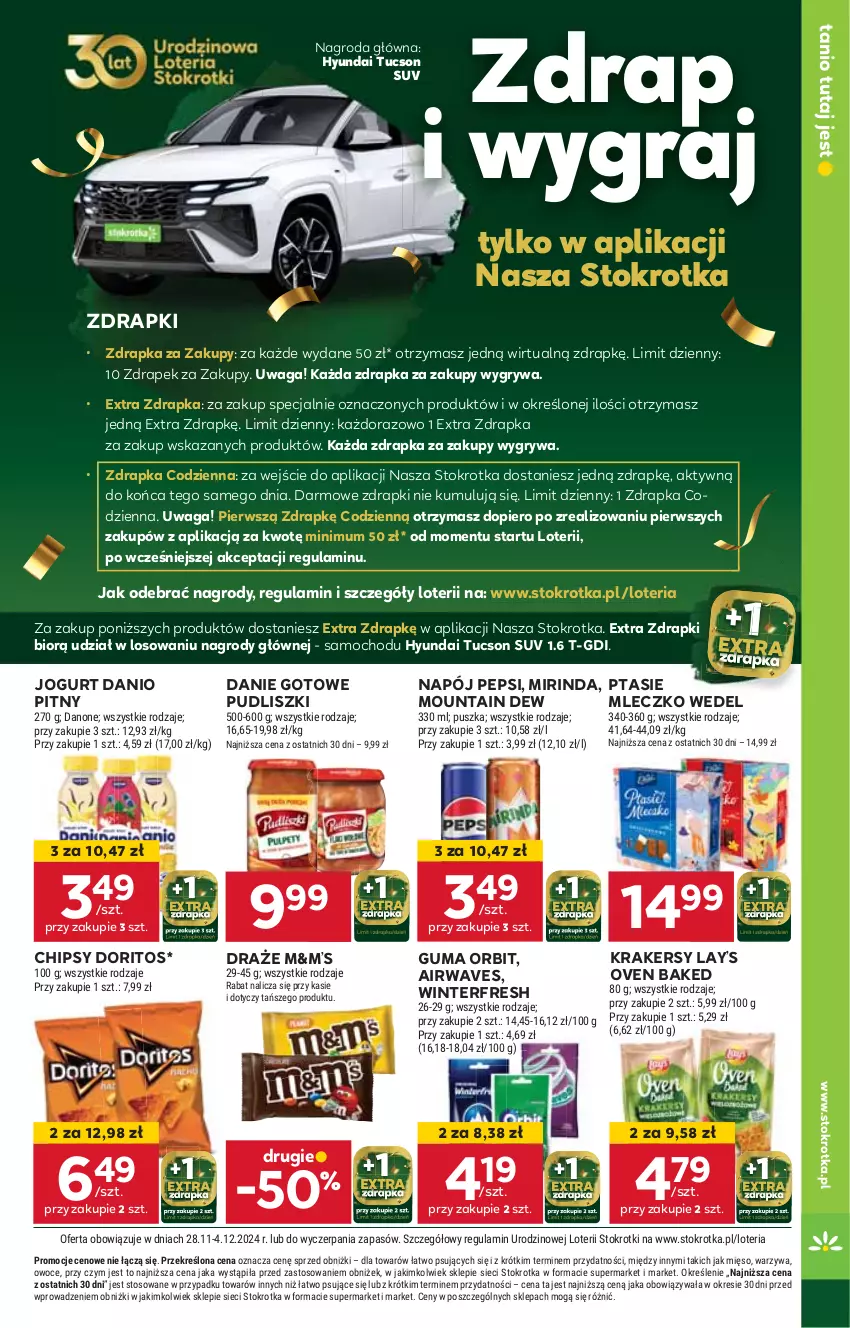 Gazetka promocyjna Stokrotka - Market - ważna 28.11 do 04.12.2024 - strona 7 - produkty: Chipsy, Danie gotowe, Danio, Gra, Gry, HP, Jogurt, Krakersy, Lay’s, Mirinda, Mleczko, Napój, Orbit, Pepsi, Ptasie mleczko, Pudliszki, Waga