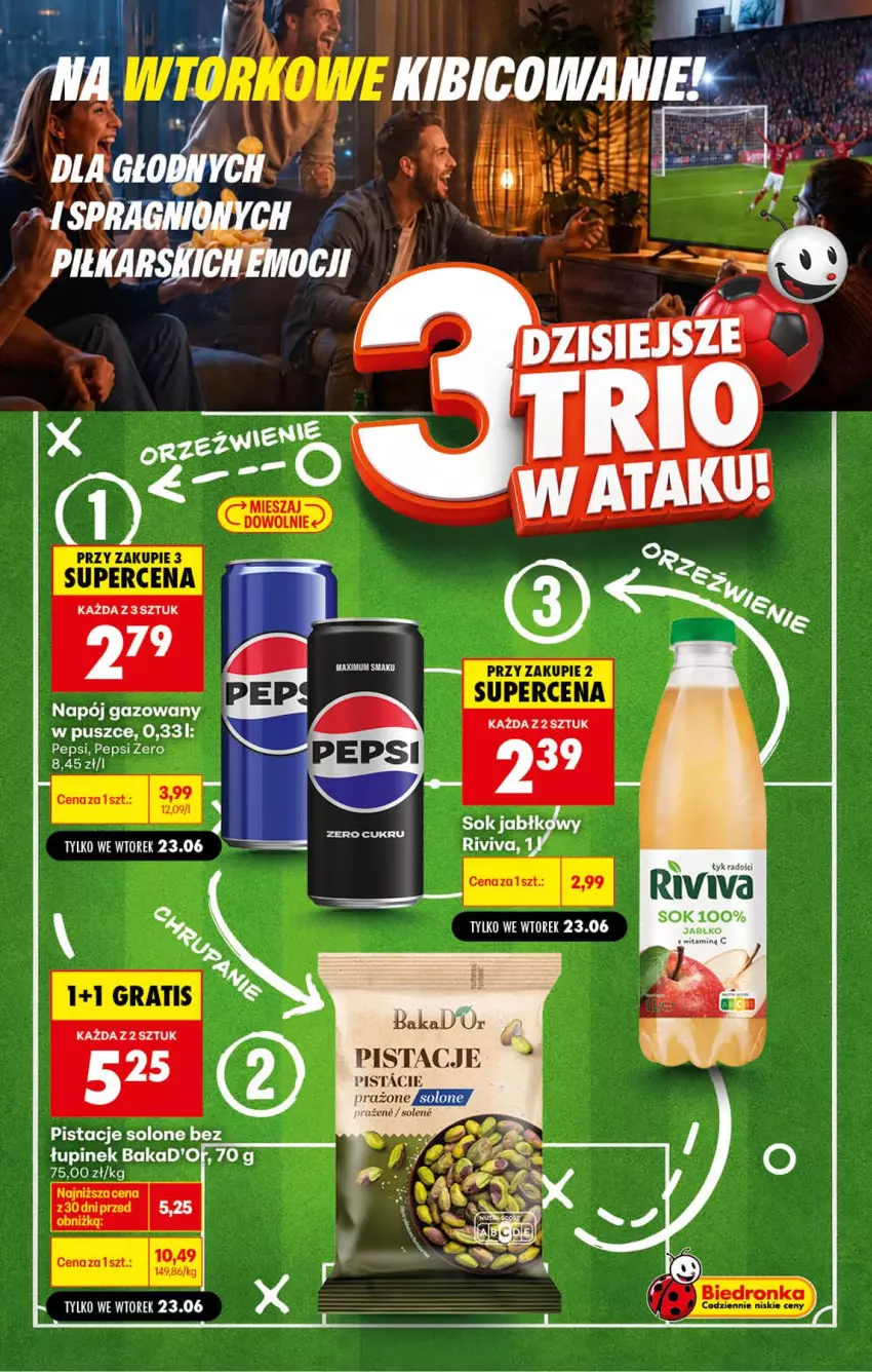 Gazetka promocyjna Biedronka - Gazetka - ważna 23.06 do 30.06.2026 - strona 1 - produkty: Napój, Napój gazowany, Pepsi, Pistacje, Sok