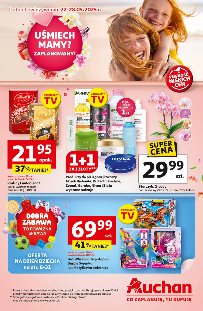 Gazetka promocyjna Auchan - Uśmiech mamy? Zaplanowany! Hipermarket - ważna 22.05 do 28.05.2025 - strona 1 - produkty: Bielenda, Eveline, Garnier, Lindor, Lindt, Nivea, Perfecta, Sok, Storczyk, Top, Ziaja