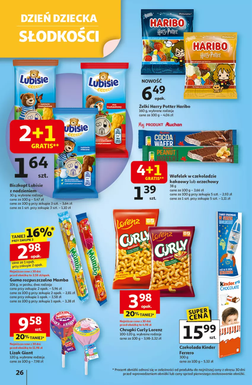 Gazetka promocyjna Auchan - Uśmiech mamy? Zaplanowany! Hipermarket - ważna 22.05 do 28.05.2025 - strona 26 - produkty: Chrupki, Czekolada, Ferrero, Gra, Guma rozpuszczalna, Haribo, Harry Potter, Kakao, Kinder, Lorenz, Lubisie, Mamba, Wafelek