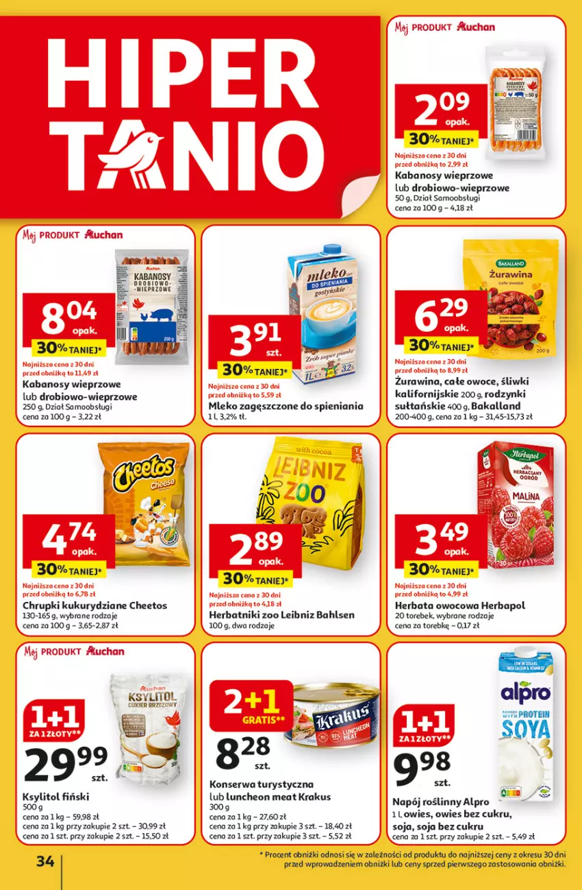 Gazetka promocyjna Auchan - Uśmiech mamy? Zaplanowany! Hipermarket - ważna 22.05 do 28.05.2025 - strona 34 - produkty: Alpro, Bakalland, Cheetos, Chrupki, Cukier, Herbapol, Herbata, Herbata owocowa, Herbatniki, Kabanos, Konserwa turystyczna, Krakus, Mleko, Mleko zagęszczone, Napój, Napój roślinny, Owoce, Rodzynki, Ser