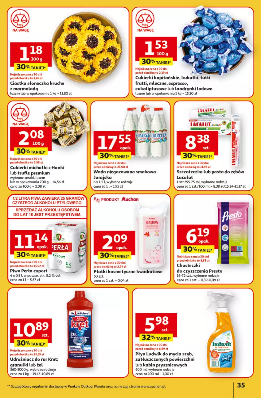 Gazetka promocyjna Auchan - Uśmiech mamy? Zaplanowany! Hipermarket - ważna 22.05 do 28.05.2025 - strona 35 - produkty: Chusteczki, Chusteczki do czyszczenia, Ciastka, Cukier, Cukierki, Gra, Kret, Lacalut, Ludwik, Michałki, Mola, Perła, Piwa, Piwo, Płatki kosmetyczne, Por, Presto, Szczoteczka, Woda, Woda niegazowana