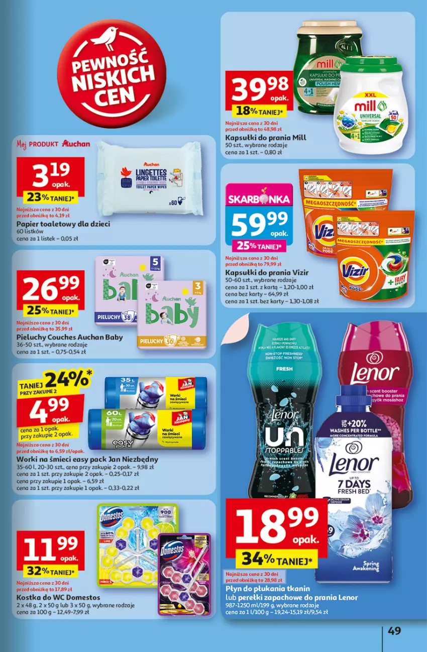 Gazetka promocyjna Auchan - Uśmiech mamy? Zaplanowany! Hipermarket - ważna 22.05 do 28.05.2025 - strona 51 - produkty: Booster, Domestos, Dzieci, Fa, Jan Niezbędny, Kapsułki do prania, Kostka do wc, Papier, Papier toaletowy, Pieluchy, Stek, Vizir, Worki na śmiec, Worki na śmieci