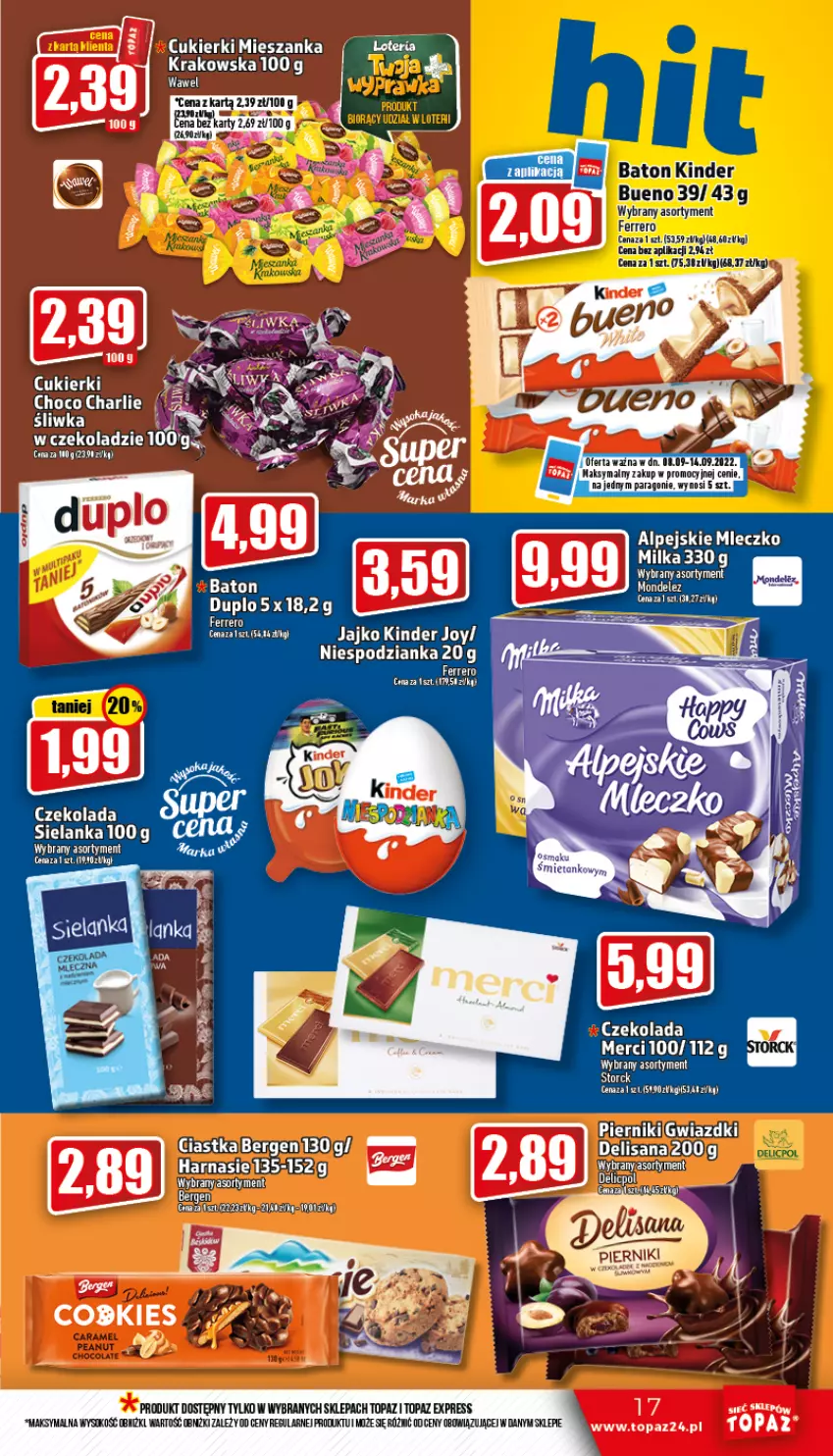 Gazetka promocyjna Topaz - Gazetka - ważna 08.09 do 14.09.2022 - strona 17 - produkty: Baton, Ciastka, Cukier, Cukierki, Czekolada, Fa, Ferrero, Kinder, Kinder Bueno, LG, Merci, Milka, Mleczko, Piernik, Top, Wawel