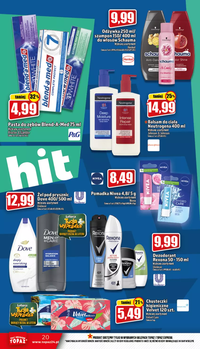 Gazetka promocyjna Topaz - Gazetka - ważna 08.09 do 14.09.2022 - strona 20 - produkty: Balsam do ciała, Body, Chusteczki, Dezodorant, Dove, Fa, Neutrogena, Nivea, Odżywka, Rexona, Schauma, Sok, Szampon, Top, Velvet