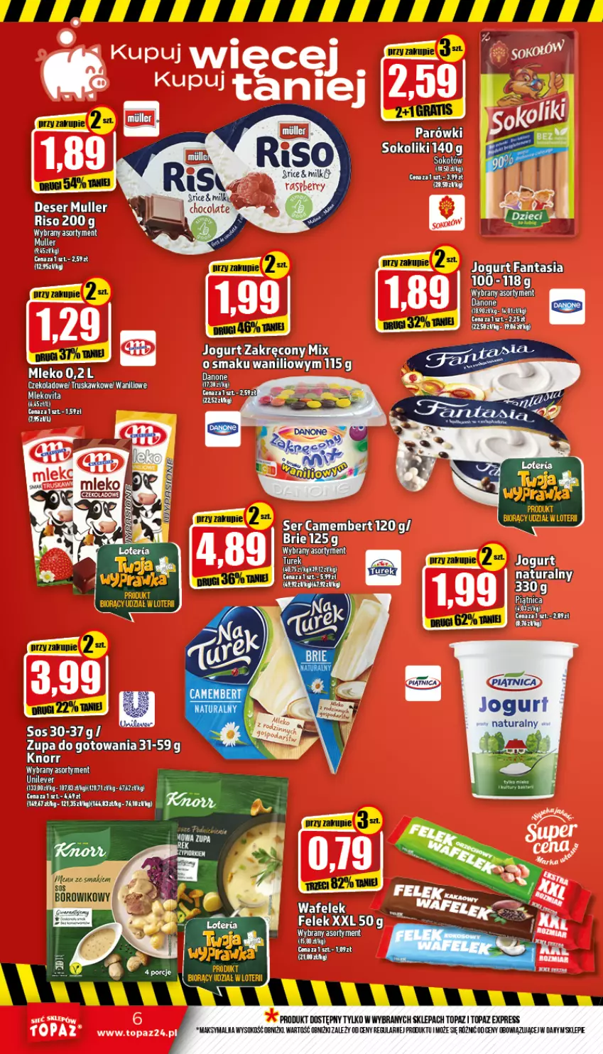 Gazetka promocyjna Topaz - Gazetka - ważna 08.09 do 14.09.2022 - strona 6 - produkty: Brie, Camembert, Fa, Gra, Piątnica, Sok, Top, Wafelek, Wiko