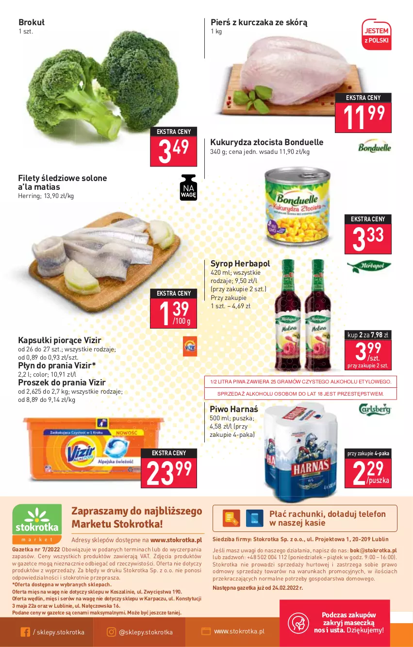 Gazetka promocyjna Stokrotka - Market - ważna 17.02 do 23.02.2022 - strona 12 - produkty: Bonduelle, Gra, Harnaś, Herbapol, Karp, Kosz, Kukurydza, Kurczak, O nas, Piwa, Piwo, Płyn do prania, Proszek do prania, Ser, Syrop, Szal, Telefon, Vizir, Wagi