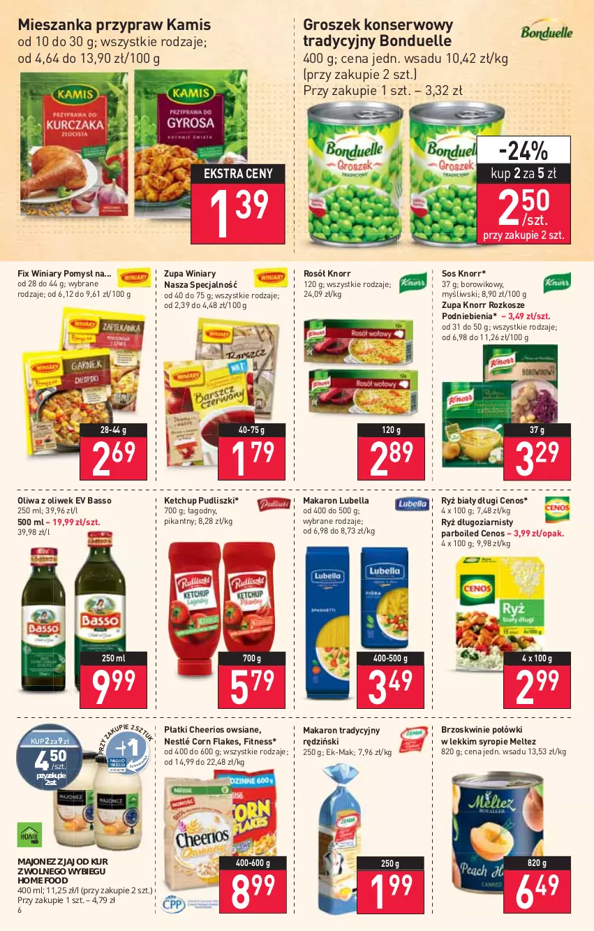 Gazetka promocyjna Stokrotka - Market - ważna 17.02 do 23.02.2022 - strona 6 - produkty: Bell, Bella, Bonduelle, Brzoskwinie, Cenos, Cheerios, Corn flakes, Groszek, Kamis, Ketchup, Knorr, Kosz, Lubella, Majonez, Makaron, Nestlé, Oliwa z oliwek, Pudliszki, Rosół, Ryż, Ryż biały, Ser, Sos, Syrop, Wiko, Winiary, Zupa