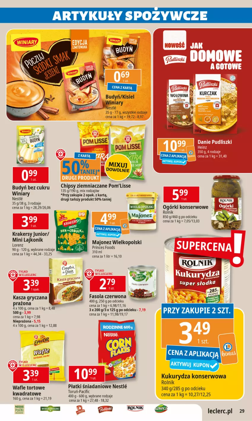 Gazetka promocyjna E Leclerc - Znicze i promocje - ważna 15.10 do 26.10.2024 - strona 29 - produkty: Budyń, Chipsy, Cif, Danio, Fa, Fasola, Gry, Kasza, Kasza gryczana, Kisiel, Krakersy, Kukurydza, Kukurydza konserwowa, Kurczak, Lajkonik, Lorenz, Majonez, Ogórki konserwowe, Rolnik, Ser, Wafle, Wafle tortowe, Winiary, Wołowina