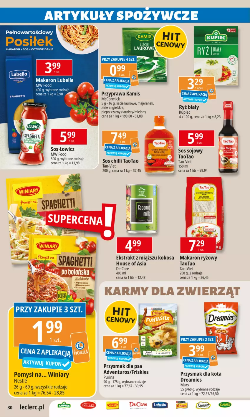 Gazetka promocyjna E Leclerc - Znicze i promocje - ważna 15.10 do 26.10.2024 - strona 30 - produkty: Bell, Bella, Fa, House of Asia, Kamis, Kokos, Kupiec, Laur, Lubella, Makaron, Makaron ryżowy, Mars, Piec, Pieprz, Przysmak dla kota, Przysmak dla psa, Pur, Purina, Ryż, Ryż biały, Ser, Sos, Sos chilli, TaoTao, Winiary, Ziele angielskie