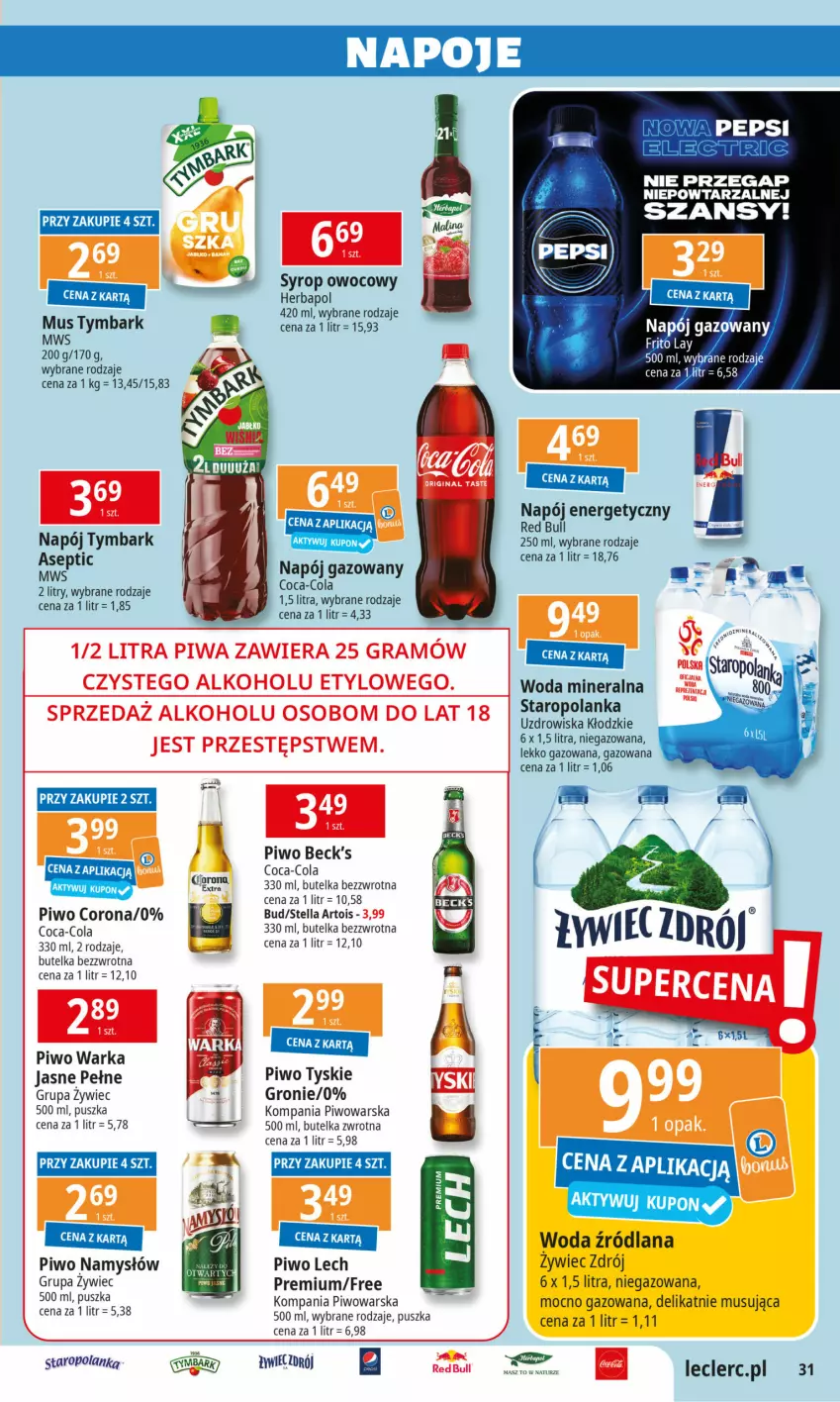 Gazetka promocyjna E Leclerc - Znicze i promocje - ważna 15.10 do 26.10.2024 - strona 31 - produkty: Coca-Cola, Fa, Herbapol, LANA, Mus, Namysłów, Napój, Napój gazowany, Piwo, Syrop, Tymbark, Tyskie, Warka, Woda, Woda mineralna