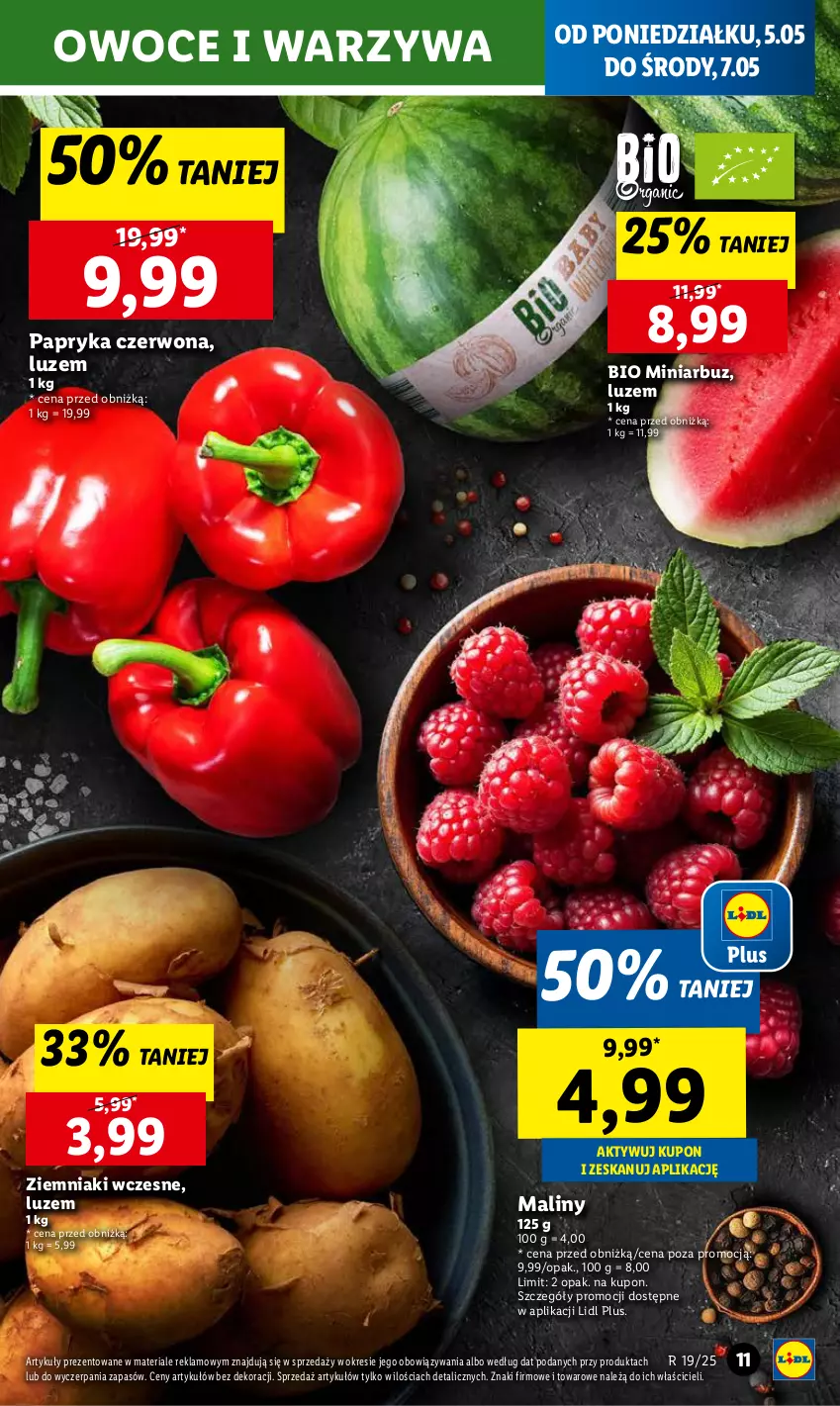 Gazetka promocyjna Lidl - GAZETKA - ważna 05.05 do 07.05.2025 - strona 13 - produkty: Arbuz, Maliny, Owoce, Papryka, Papryka czerwona, Warzywa, Ziemniaki