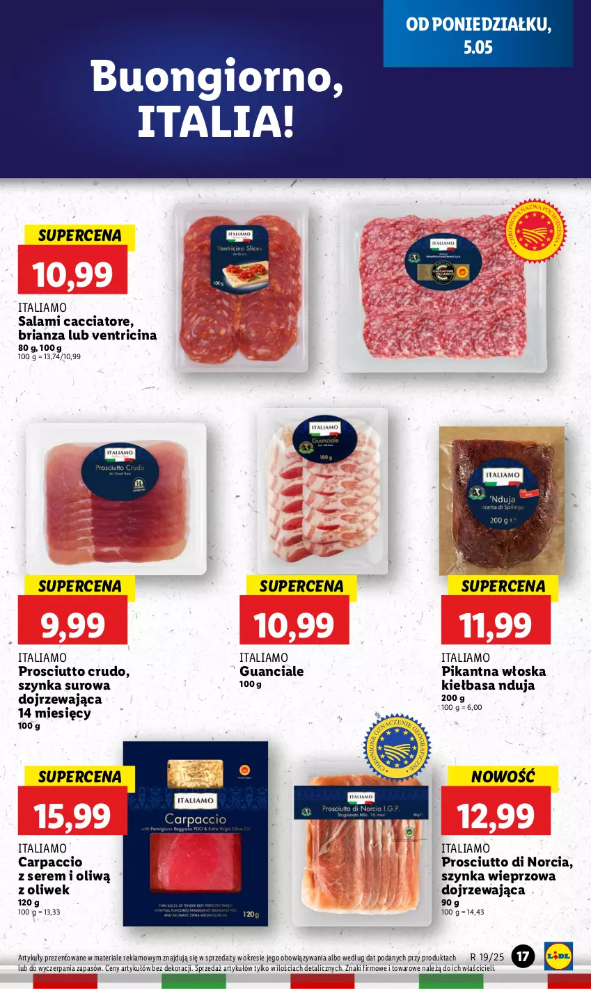 Gazetka promocyjna Lidl - GAZETKA - ważna 05.05 do 07.05.2025 - strona 19 - produkty: Carpaccio, Kiełbasa, Prosciutto, Salami, Ser, Szynka, Szynka wieprzowa