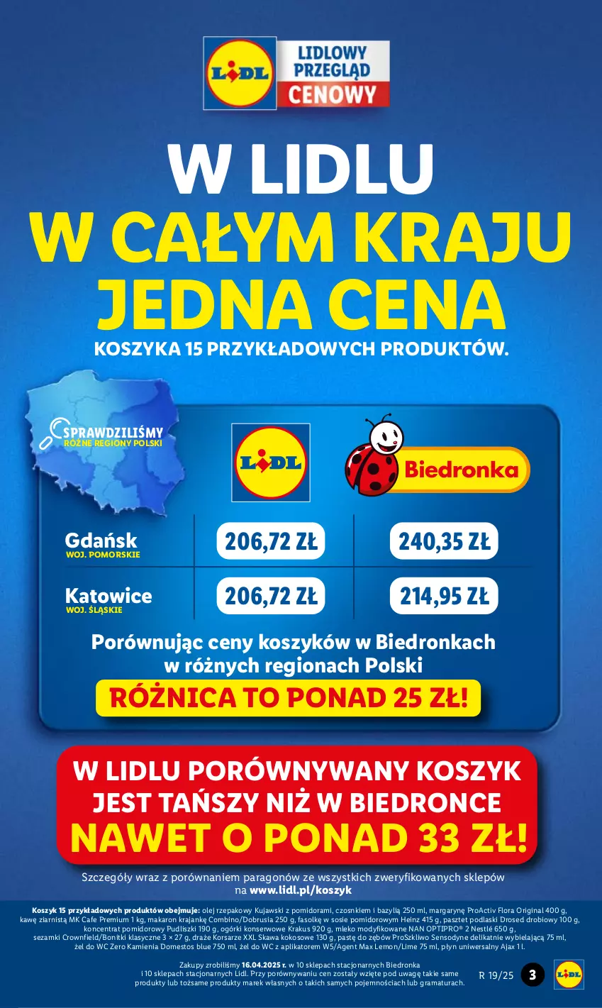 Gazetka promocyjna Lidl - GAZETKA - ważna 05.05 do 07.05.2025 - strona 3 - produkty: Ajax, Bazyl, Bonitki, Domestos, Fa, Flora, Gin, Gra, Heinz, Kawa, Kokos, Koncentrat pomidorowy, Kosz, Krakus, Kujawski, Makaron, Mleko, Mleko modyfikowane, NAN Optipro, Nestlé, Obrus, Ogórki konserwowe, Olej, Olej rzepakowy, Pasztet, Podlaski, Por, Pudliszki, Rama, Sensodyne, Ser, Sezam, Sos