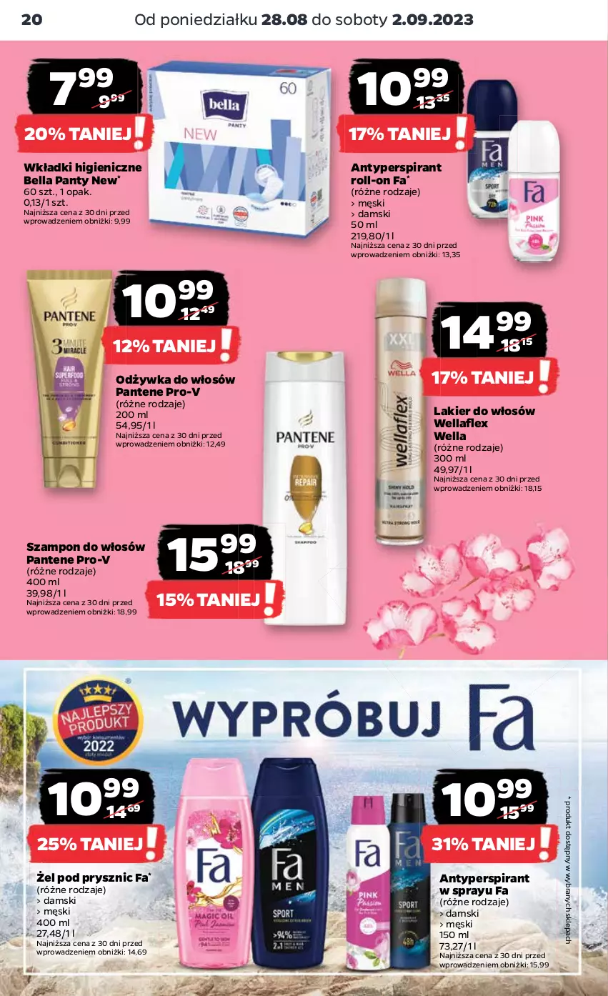 Gazetka promocyjna Netto - Artykuły spożywcze - ważna 28.08 do 02.09.2023 - strona 20 - produkty: Antyperspirant, Bell, Bella, Fa, Lakier, Lakier do włosów, Odżywka, Pantene, Szampon, Wella, Wellaflex, Wkładki