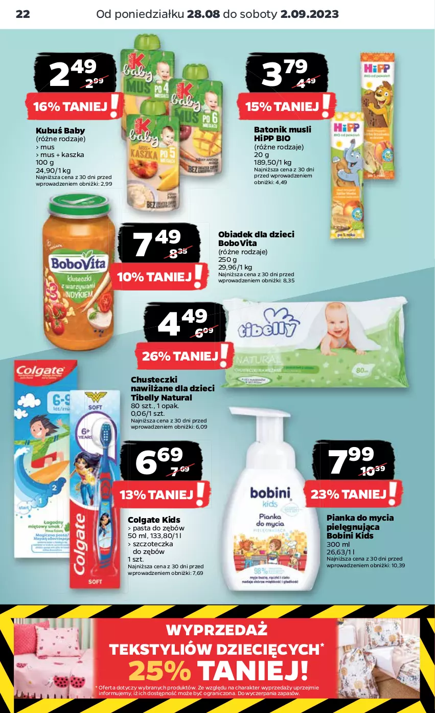 Gazetka promocyjna Netto - Artykuły spożywcze - ważna 28.08 do 02.09.2023 - strona 22 - produkty: Baton, Bell, BoboVita, Chusteczki, Colgate, Dzieci, Gra, HiPP, Hipp Bio, Kubuś, LG, Mus, Pasta do zębów, Szczoteczka, Szczoteczka do zębów, Tonik