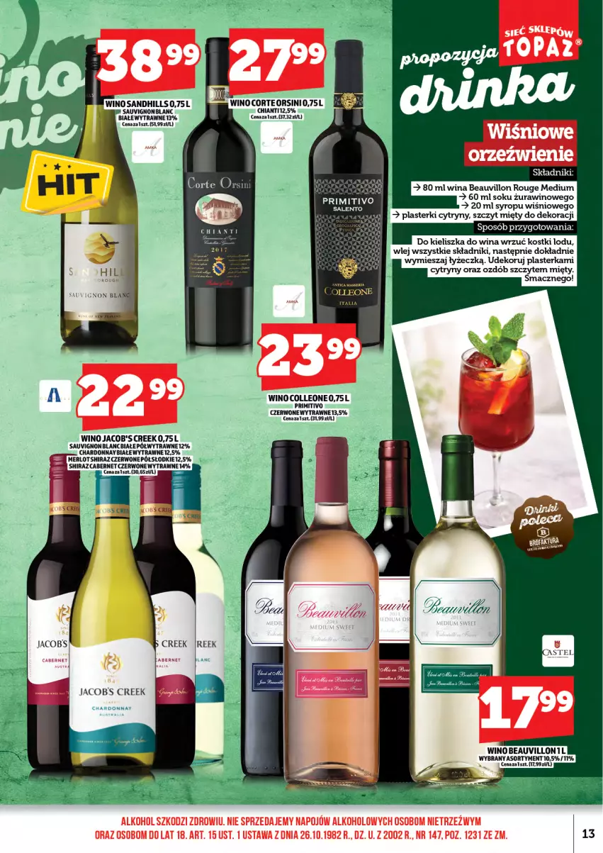 Gazetka promocyjna Topaz - Gazetka - ważna 01.02 do 15.02.2026 - strona 15 - produkty: Chardonnay, Chia, Chianti, Cytryny, Jacobs, Leon, Merlot, Plasterki, Shiraz, Sok, Syrop, Wino