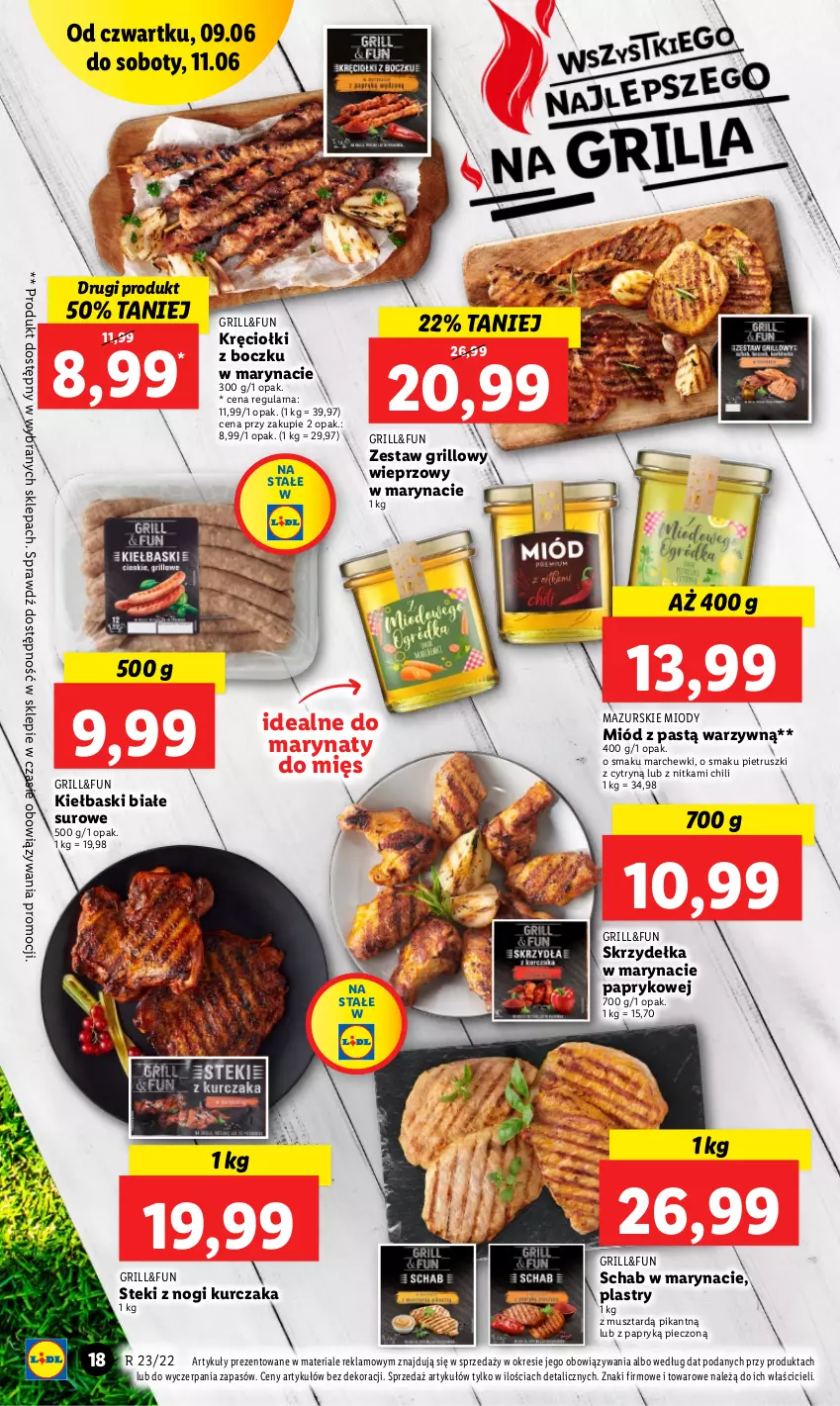 Gazetka promocyjna Lidl - GAZETKA - ważna 09.06 do 11.06.2022 - strona 18 - produkty: Grill, Kiełbaski białe, Kurczak, Miód, Mus, Piec, Stek