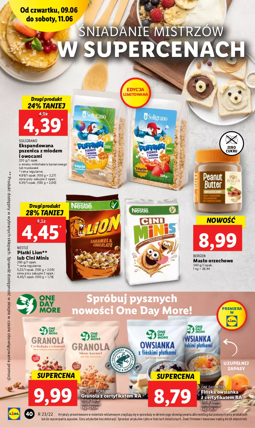 Gazetka promocyjna Lidl - GAZETKA - ważna 09.06 do 11.06.2022 - strona 40 - produkty: Cini Minis, Gra, Granola, Lion, Masło, Masło orzechowe, Nestlé, Owsianka, Soligrano