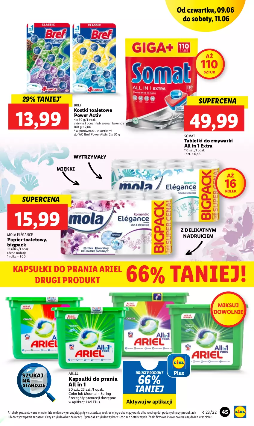 Gazetka promocyjna Lidl - GAZETKA - ważna 09.06 do 11.06.2022 - strona 45 - produkty: Ariel, Bref, Kapsułki do prania, Mola, Papier, Papier toaletowy, Por, Somat, Sos, Tablet, Tabletki do zmywarki, Zmywarki