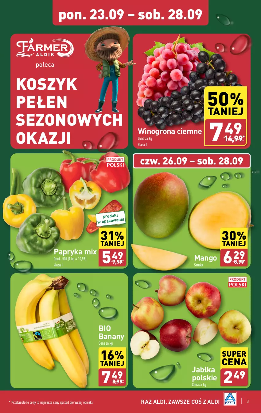 Gazetka promocyjna Aldi - Farmer ALDIK poleca świeże owoce i warzywa - ważna 23.09 do 28.09.2024 - strona 3 - produkty: Banany, Jabłka, Kosz, Mango, Papryka, Wino, Winogrona