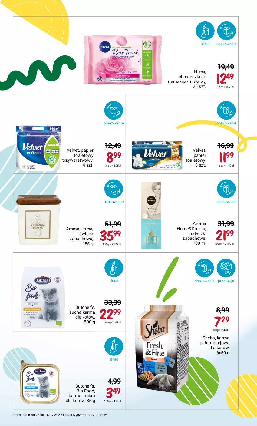 Gazetka promocyjna Rossmann - ważna 27.06 do 15.07.2022 - strona 17 - produkty: Chusteczki, Karma mokra dla kotów, Makijaż, Nivea, Papier, Papier toaletowy, Por, Sheba, Sucha karma, Velvet