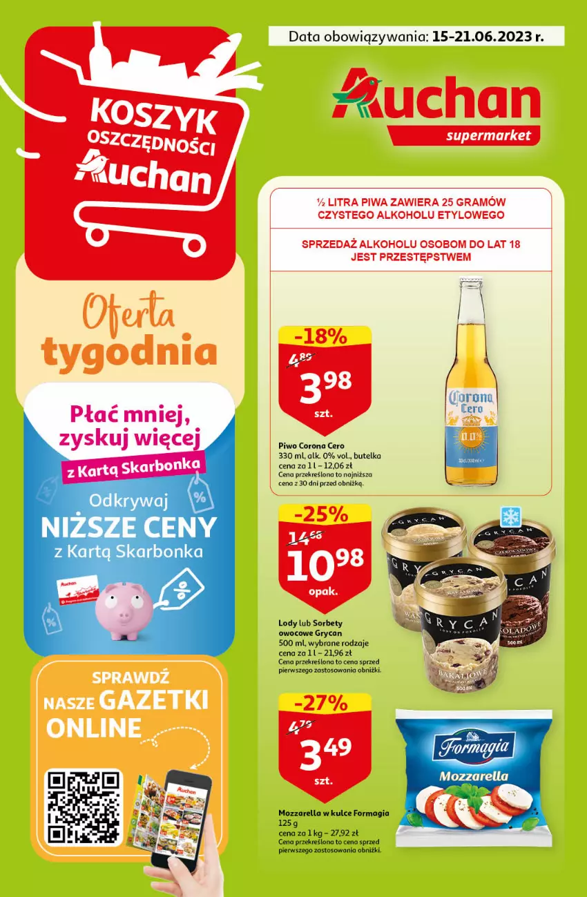 Gazetka promocyjna Auchan - Gazetka Oferta tygodnia Supermarket Auchan - ważna 15.06 do 21.06.2023 - strona 1 - produkty: Gra, Gry, Lody, Mozzarella, Piwa, Piwo
