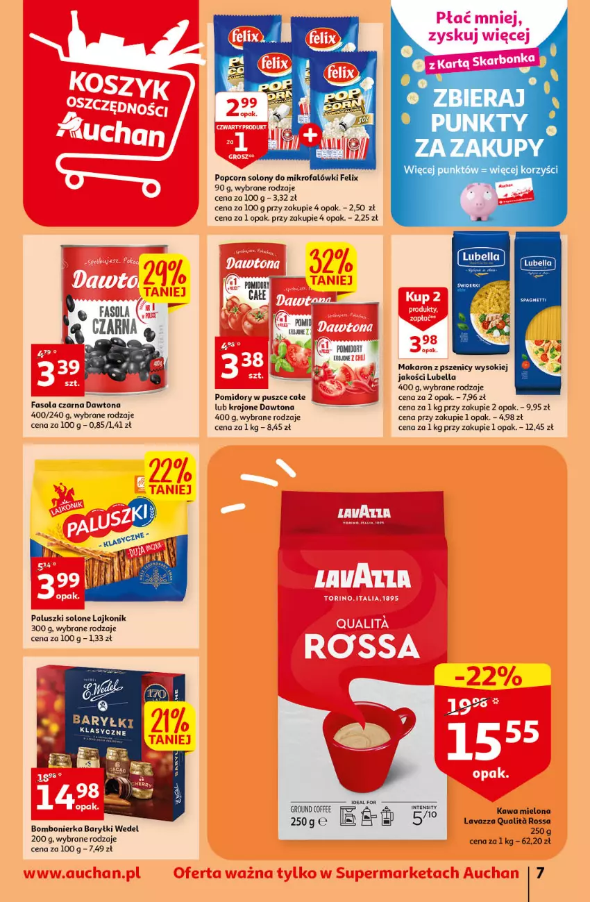 Gazetka promocyjna Auchan - Gazetka Oferta tygodnia Supermarket Auchan - ważna 15.06 do 21.06.2023 - strona 7 - produkty: Bell, Bella, Dawtona, Fa, Fasola, Felix, Kawa, Kawa mielona, Lajkonik, Lavazza, Lubella, Makaron, Pomidory, Popcorn, Sok, Spaghetti