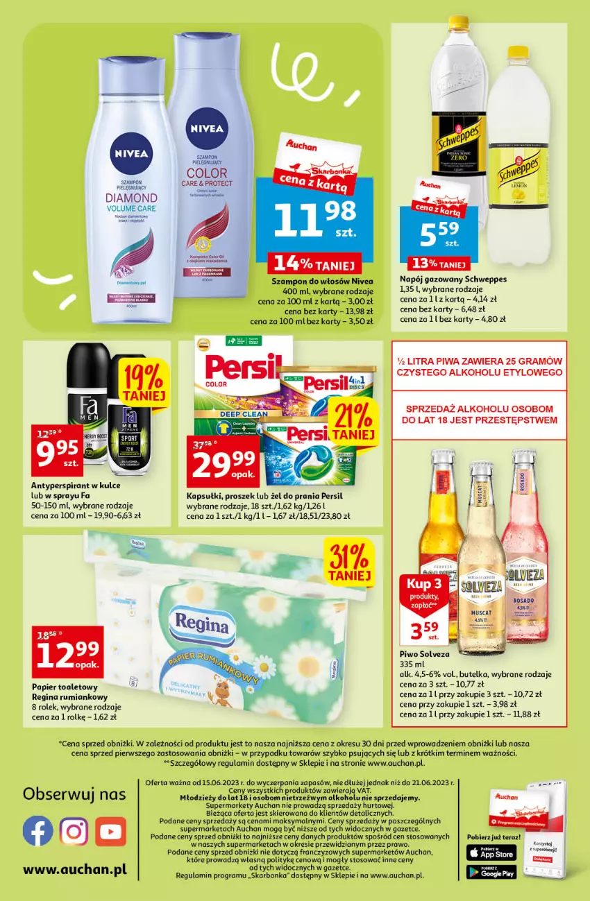 Gazetka promocyjna Auchan - Gazetka Oferta tygodnia Supermarket Auchan - ważna 15.06 do 21.06.2023 - strona 8 - produkty: Antyperspirant, Fa, Gin, Gra, Mus, Napój, Napój gazowany, Nivea, O nas, Papier, Papier toaletowy, Persil, Piwa, Piwo, Rum, Schweppes, Ser, Szampon, Tera