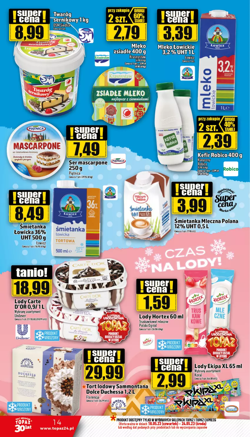 Gazetka promocyjna Topaz - Gazetka - ważna 17.04 do 18.06.2023 - strona 14 - produkty: Hortex, LANA, Lody, Mascarpone, Ogród, Piątnica, Ser, Stek, Top