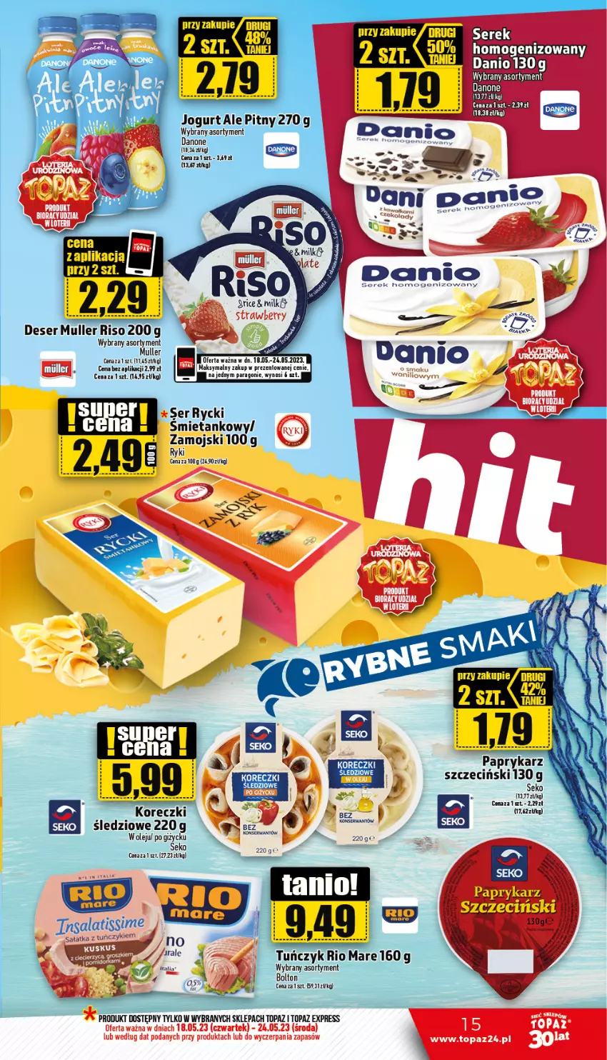 Gazetka promocyjna Topaz - Gazetka - ważna 17.04 do 18.06.2023 - strona 15 - produkty: Deser, Gala, Olej, Papryka, Paprykarz, Rio Mare, Sałat, Sałatka, SEKO, Ser, Top, Tuńczyk