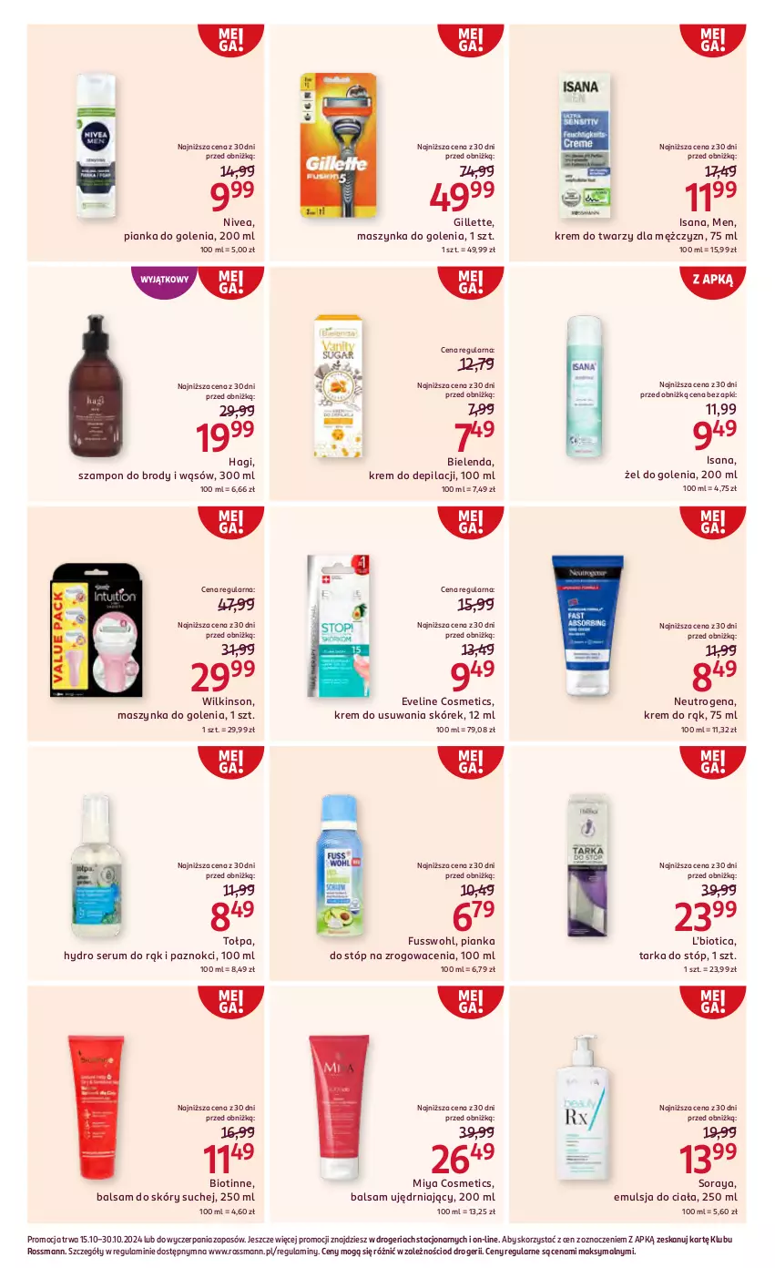 Gazetka promocyjna Rossmann - 15 października - ważna 15.10 do 30.10.2024 - strona 7 - produkty: Bielenda, Emulsja, Eveline, Gillette, Isana, Krem do depilacji, Krem do rąk, Krem do twarzy, Maszynka, Maszynka do golenia, Miya Cosmetics, Neutrogena, Nivea, Pianka do golenia, Rum, Ser, Serum, Serum do rąk, Szampon, Szynka, Tarka, Tarka do stóp, Tołpa