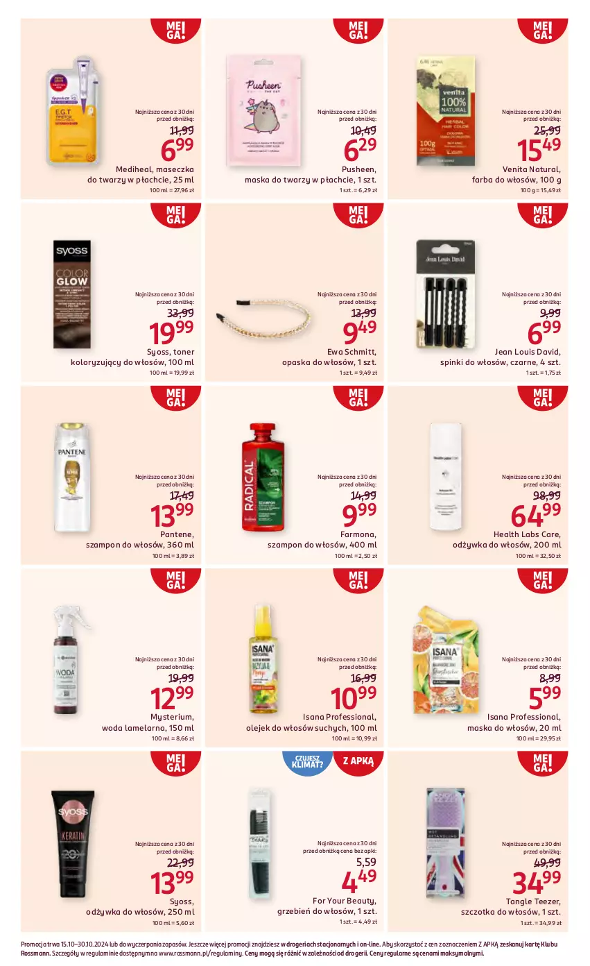 Gazetka promocyjna Rossmann - 15 października - ważna 15.10 do 30.10.2024 - strona 9 - produkty: Ewa Schmitt, Fa, Farba do włosów, For Your Beauty, Isana, Maska, Maska do twarzy, Maska do włosów, Odżywka, Olej, Opaska, Opaska do włosów, Pantene, Syoss, Szampon, Szczotka, Szczotka do włosów, Tangle Teezer, Woda