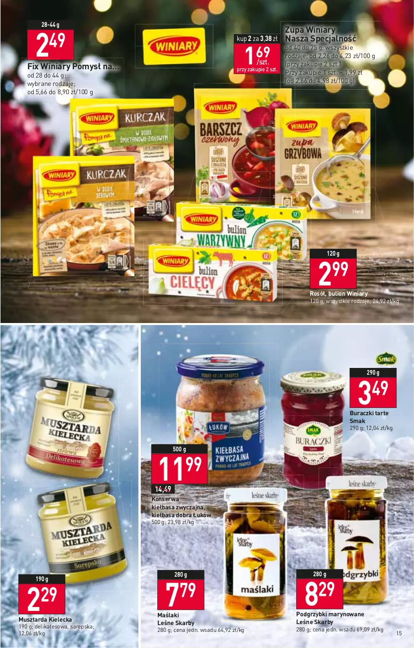 Gazetka promocyjna Stokrotka - Supermarket - ważna 15.12 do 21.12.2022 - strona 15 - produkty: Bulion, Buraczki, Kiełbasa, Lion, Mus, Musztarda, Podgrzybki, Podgrzybki marynowane, Rosół, Ser, Winiary, Zupa